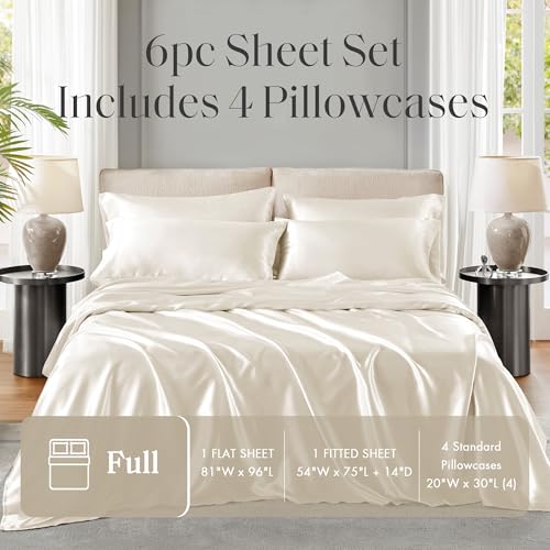 Madison Park Essentials Satin Sheet Set Luxury and Silky with Natural Sheen, Elastic 14" Pocket fits up to 16" Mattress, All Around Elastic - Year-Round Bedding, Full, Ivory, 6 Piece Madison Park