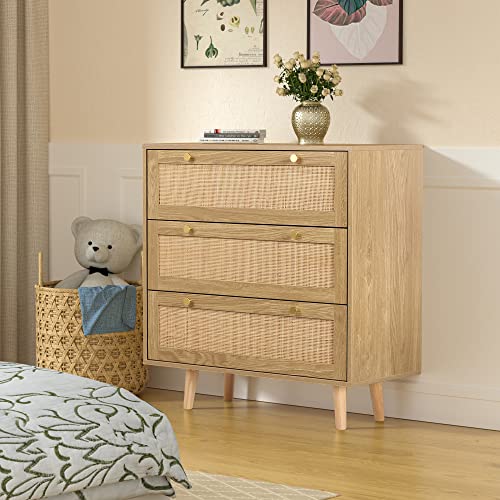 Anmytek 3 Drawer Dresser for Bedroom, Rattan Dresser Modern Wood Chest of Drawers with Spacious Storage for Bedroom Hallway Living Room, Rustic Oak, H0027 Anmytek