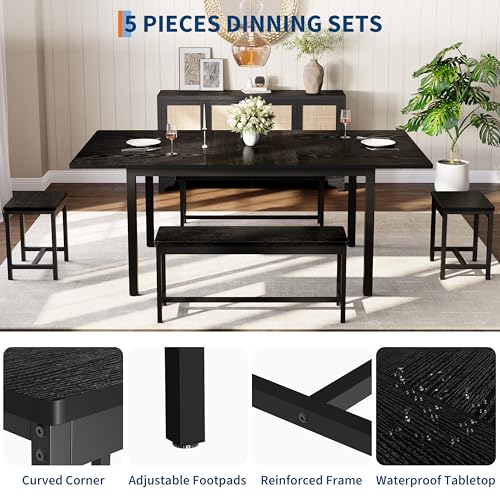 GAOMON Extendable Dining Table Set for 6-8 People, Farmhouse Style Wooden Table with 2 Benches and 2 Stools, Space Saving Kitchen Dining Room Furniture Set, Black GAOMON