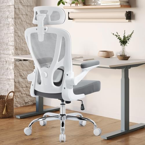 shipborne Office Chair Ergonomic Office Chair with Lumbar Support, Head Support, Rocking Function, FILP-up Armrests, Mesh High Back Chair Home Office Desk Chair, Suitable for Home, Office, Grey shipborne