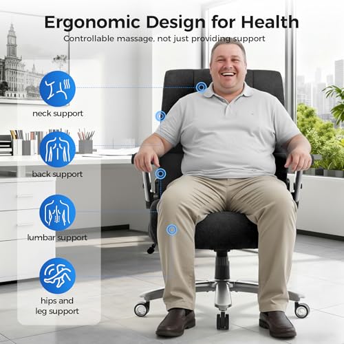 600LBS Big and Tall Massage Office Chair, Extra Wide Seat - 3D Kneading Massage & Heat Office Chair with Heavy Duty Metal Base, 3D Flip Arms, Fabric Ergonomic with Thick Spring Cushion CHAIRKER