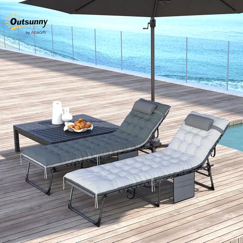Outsunny Chaise Lounge Chair Outdoor Set of 2, 5-Position Adjustable Outdoor Pool Lounge Chairs, Folding Tanning Chair Beach Lounger with Cushion, Headrest, Side Pocket for Patio, Yard, Gray