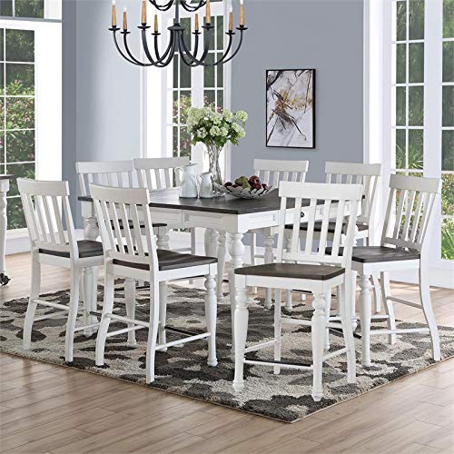 Steve Silver Furniture Joanna 9pc Rectangular Counter Dining Set, Two Tone Dark Oak/Ivory Finish, 54" w/ 18" Leaf w/ 8 Slat Back Side Dining Chairs, Storage Drawers, 54" L x 54" W x 36" H, White Steve Silver