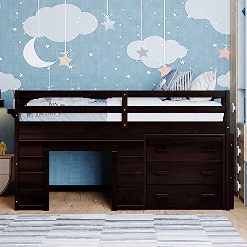 Merax Twin Wooden Loft Bed,Wood Bedframe for Kids Teens, Adults Bedroom with Cabinet, Shelf, Stairs, Espresso Merax