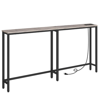 HOOBRO 5.9" Skinny Console Table with Charging Station, 63" Narrow Sofa Table with Power Outlets, Long Behind Couch Table, Slim Entryway Table for Hallway, Living Room, Greige and Black BG165UXG01