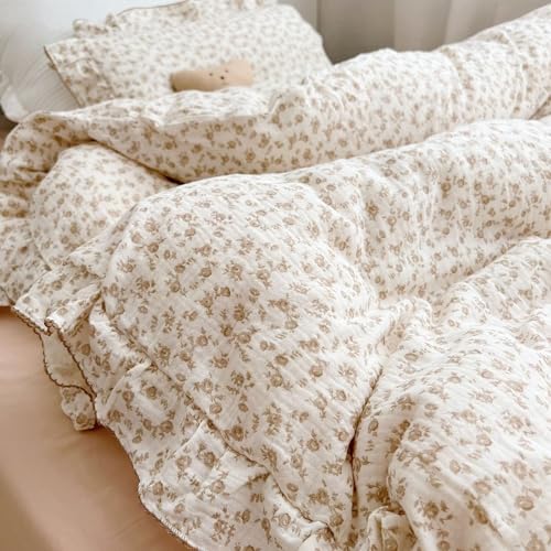BuLuTu Soft Cotton Muslin Duvet Cover Girls Kids Floral Duvet Cover Beige Crib Bedding Comforter Cover Quilt Cover, 47"x59", Camellia Print (Pillowcases Not Included) BuLuTu