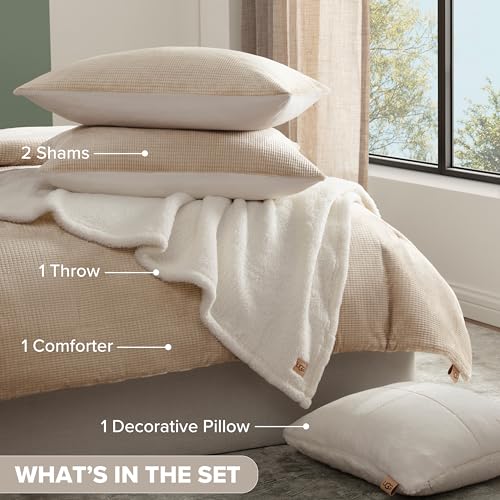UGG Remina Comforter Set 5 Piece Bed in a Bag with Throw Blanket, Decorative Pillow, Shams, and Reversible Comforter Hypoallergenic Washable Luxury Warm Fluffy Bedding Set, Full/Queen, Brown Birch UGG