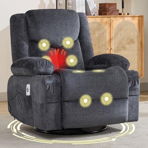 Swivel Recliner Chair for Adults,Oversized Rocker Recliner with Massage and Lumbar Heat,Rocking Chair with Side Pocket,2 Cup Holders,for Living Room