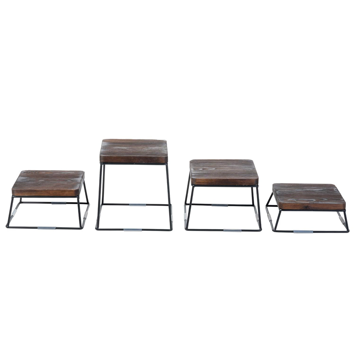 MyGift 6 Inch Square Burnt Brown Solid Wood and Matte Black Metal Wire Cupcake Dessert Risers, Tabletop Pizza Food Serving Stands for Home Retail Event, 4 Piece Set MyGift
