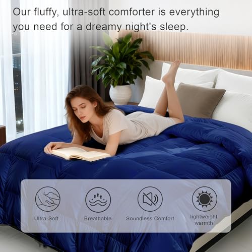 ALPSWAN Luxury Goose Feather Down Fiber Comforter Queen Size, 300TC Blue Cotton Blended Duvet Insert, All Season Hotel Bedding Alternative Down Comforter with Corner Tabs (Blue, Queen) ALPSWAN