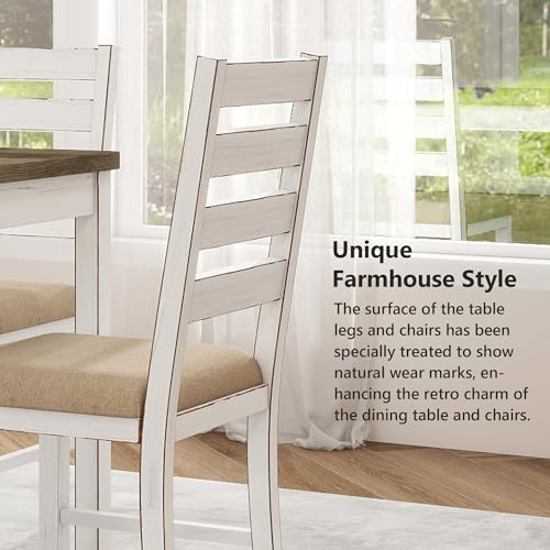 ROCSUMOO Farmhouse Dining Table Set for 6 Person, 59" Kitchen Table Set with 6 Upholstered Chairs, White Rectangular Dinner Room Table & Chairs Set Rustic Wood Stable (6 Chairs) ROCSUMOO