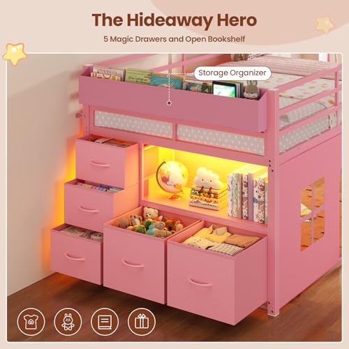 ADORNEVE Low Loft Bed Twin Size with Tent, 5 Storage Drawers, LED Lights, Metal Kids Loft Bed with Bookcase & Under-Bed Play Space,Twin Loft Beds with 13.8''H Safety Guardrail,Inclined Ladder, Pink ADORNEVE