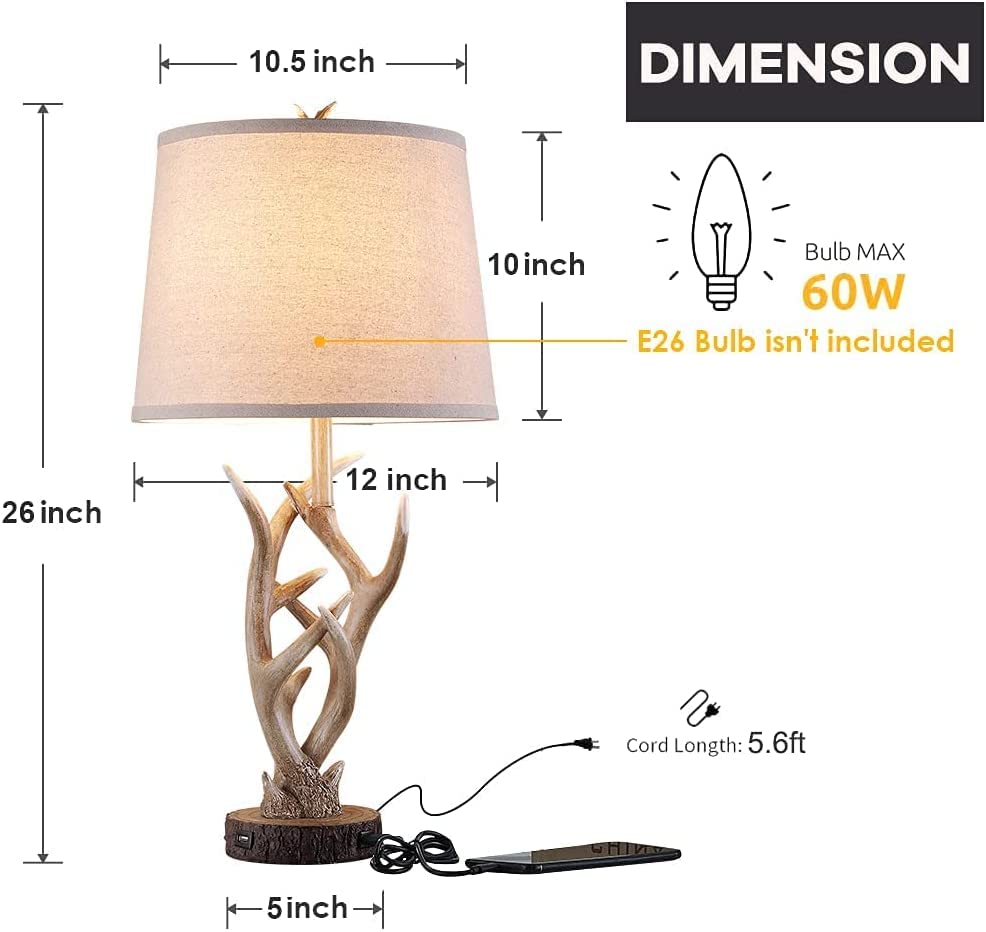 Dungoo Rustic Western Lamp Set of 2 - 26" Farmhouse Table Lamp with 2 USB Ports, Natural Antler Design for Bedroom, Living Room, Office (Rustic Brown) Dungoo