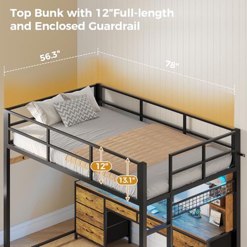 ADORNEVE Full Size Loft Bed with Desk and 8 Storage Drawers, Metal Loft Beds Full with LED Lights & Charging Sation, Heavy Duty Loft Bed Frame with 6 Storage Shelves, Space-Saving, Rustic Brown ADORNEVE