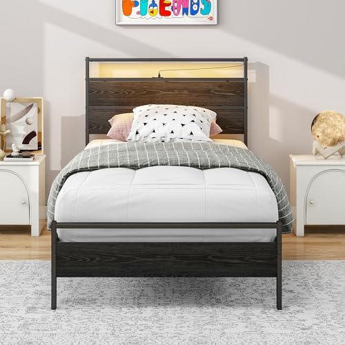 BOFENG Twin Bed Frame with Wood Headboard and USB Charging Station/LED Lights,Metal Single Platform Bed Frame Twin Size No Box Spring Needed,Heavy Duty Metal Slats Support,Noise Free,Black BOFENG