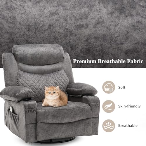 linting Oversized Power Swivel Rocker Recliner Chair with Cup Holder, Fabric Electric Rocking Glider Chair Power Recliner Chair with Heat and Massage USB Port, Grey