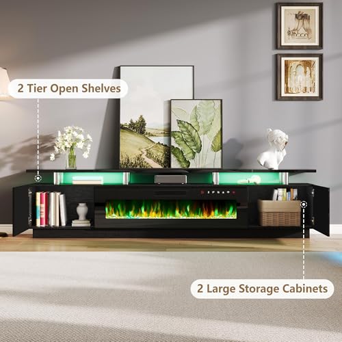 AMERLIFE 90" High Gloss 2 Tier TV Stand with 50" Electric Fireplace, Modern Luxury Large Entertainment Center/w LED Lights, Media Console Table Storage Cabinet for TVs Up to 100", Living Room, Black AMERLIFE