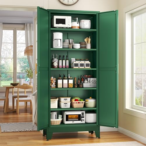 GAIOUS 75.2" Tall Kitchen Food Pantry, Pantry Cabinet with 2 Door and 5 Adjustable Shelves, Green Laundry Room Cabinets, Freestanding Pantry for Kitchen, Study Room, Dining Room and Entryway GAIOUS