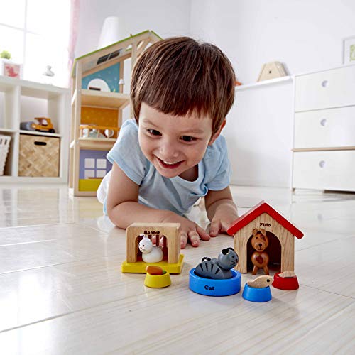 Hape Award Winning Wooden Dollhouse with Pet Set, Unique Accessories for Imaginative Play, 6 Family Figures - Adults 4.3" and Kids 3.5" Hape