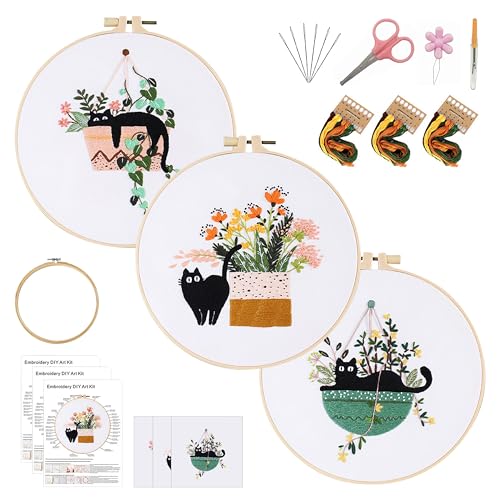 KEKEMEOW 3 Sets Embroidery Kit for Beginners, Stitches with Black Cat and Flowers, Embroidery Stitch Practice kit for Adults Craft Lover, Needlepoint Hand Embroidery Kit with Pattern、Instruction、Hoop