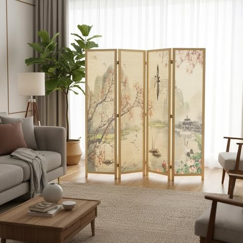 MyGift 4-Panel Folding Bamboo Room Divider Asian-Inspired Cherry Blossom Scene, 6 FT Freestanding Floral Artwork Room Partitioner with Beige Wood Frame MyGift