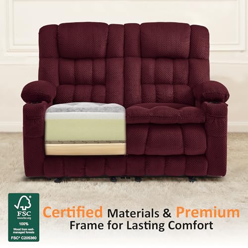 MCombo 57" Power Loveseat Recliner, Electric Reclining Loveseat Sofa with Heat and Vibration, Cupholders, USB Charge Ports for Living Room 6314 (Burgundy, Loveseat)