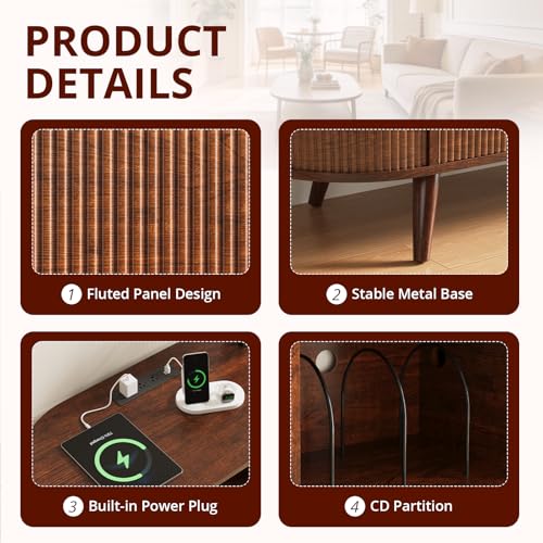 FURSUN 55" Large Round Record Player Stand, Record Storage Cabinet Holds Up 300 Albums with Charging Station & USB Ports, Fluted Modern Turntable Stand for Bedroom, Living Room, Dark Walnut FURSUN