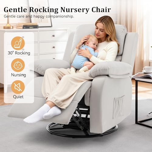 Korser Recliner Chair, 360 Swivel Rocker Chair for Adults, Small Rocking Recliner for Small Spaces, Upholstered Fabric Glider Recliner Nursery (Swivel Rocker Recliner, Off White)