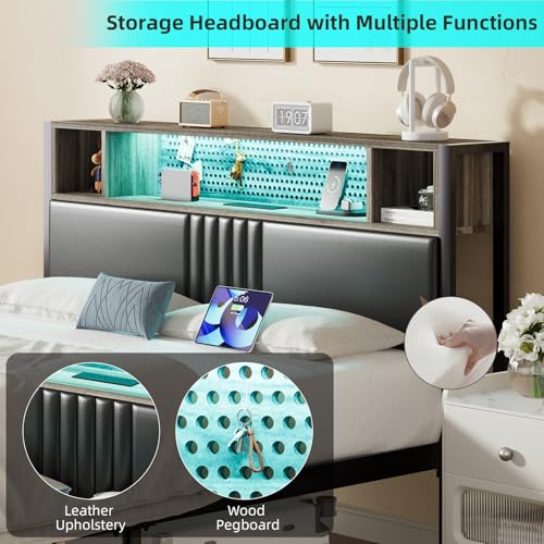 Full Size Bed Frame with LED Light and Charging Station, Full Size Platform Bed Frame with Strong Metal Slat Support, Upholstered Headboard, No Box Spring Needed, Noise-Free, Easy Assembly, Wash Grey IMMERSTABLE