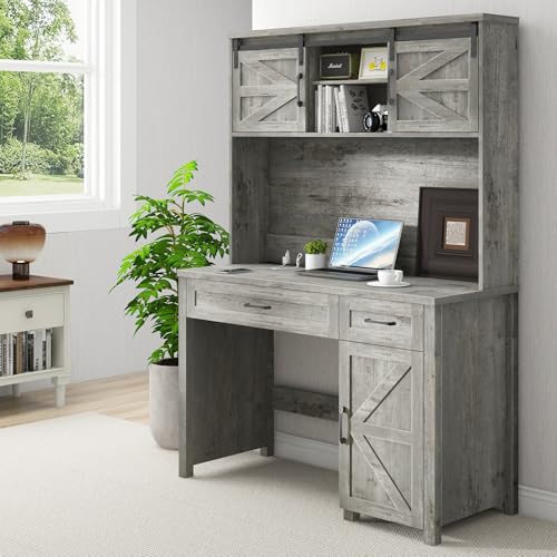 Vabches Farmhouse 47" Executive Desk, Computer Desk with 2 Drawers, LED Light and Storage Cabinet, Home Office Desk with Hutch, Charging Hub, Workstation for Home Office and Study(Grey Vabches