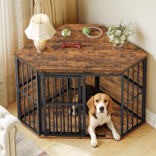 Hzuaneri Corner Dog Crate Furniture with Barn Door, Heavy Duty Dog Kennel Indoor, Wooden Decorative Pet Cage for Small Medium Dogs, Space-Saving TV Stand Anti-Chew Anti-Escape, Rustic Brown DFC88901B Hzuaneri