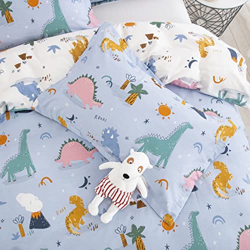 DJY Dinosaur Full Size Duvet Cover Set, Cotton Blue White Reversible Kids Bedding Set for Boys Girls, 3 Pieces Ultra Soft Breathable Comforter Cover Set (1 Duvet Cover+2 Pillowcases) DJY