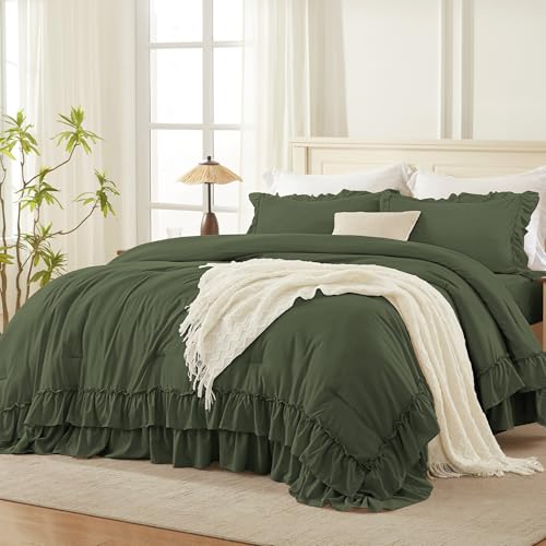 Andency Olive Green Twin Size Comforter Set (66x90Inch), 2 Pieces Fluffy Shabby Chic Ruffle Bedding Comforter Sets, All Season Soft Lightweight Bedding Set for Kids, College Dorm