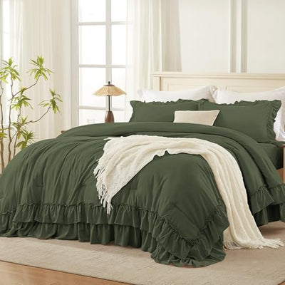 Andency Olive Green Twin Size Comforter Set (66x90Inch), 2 Pieces Fluffy Shabby Chic Ruffle Bedding Comforter Sets, All Season Soft Lightweight Bedding Set for Kids, College Dorm