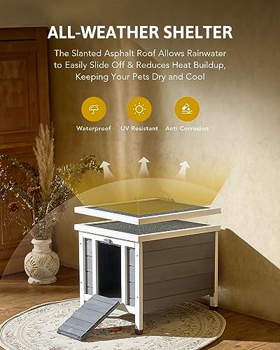 CO-Z Outdoor Cat House, Weatherproof Rabbit Hutch Hideout Indoor Bunny Cage, Wooden Outside Shelter for Feral Cats, Rabbits, Chicken, Small Animal, Ideal for Guinea Pigs Pigeons Ducks Tortoises, Gray CO-Z