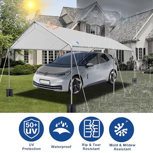 10x20 ft Heavy Duty Car Canopy Galvanized Frame Carport Outdoor Party Tent Boat Shelter with Reinforced Structure, No Sidewall - Light Grey SAILARY