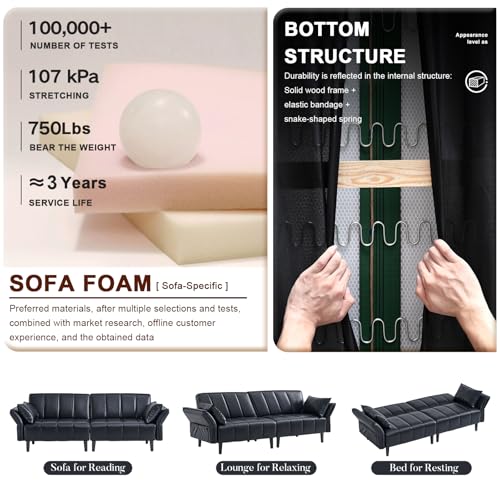 GULFXDS 83" Leather Couch for Living Room, Mid Century Modern 3 Seater Faux Leather Sofa, Comfy Convertible Futon Sofa with Adjustable Backrest for Office, Apartment (Black) GULFXDS