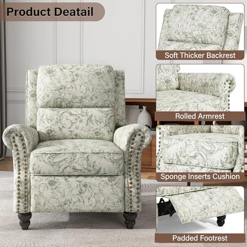 UIXE Floral Pushback Recliner Chair, Fabric Overstuffed Armchair Push Back Accent Chair for Living Room, Rivet Trim Club Chair Home Theater Single Sofa Bedroom Side Reading Seat - Rococo Green