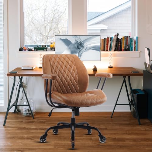 YFO Home Office Desk Chair Office Rubber Casters Ergonomic Computer Chair with Lumbar Support Adjustable Height Rolling Swivel Executive Task Armrests Chair๏ผ Brown Leather YFO