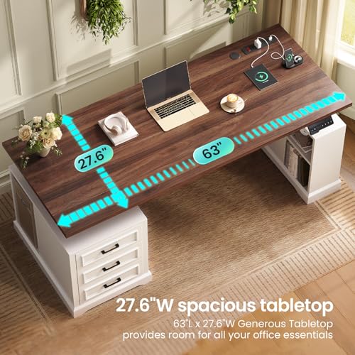 SEDETA Farmhouse Electric Standing Desk, 63" Height Adjustable Computer Desk with 3 Drawers, Storage Shelves, Power Outlets, Wood Home Office Stand up Desk for Work, Study, Writing, White SEDETA