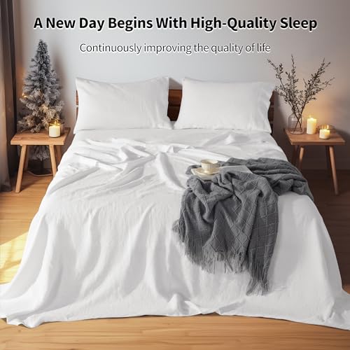 LBRO2M 100% Linen Sheet Set King Size, Bed Sheets 4 Piece Sets, Solid Color Natural Flax Bed Sheets Soft Breathable Bedding, 16" Deep Pocket, All Season (King, White) LBRO2M