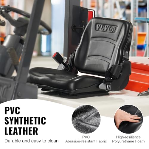 VEVOR Universal Forklift Seat, Fold Down Tractor Seat with Adjustable Angle Back, Micro Switch and Retractable Seatbelt, 6.3-13.4 inch Slot Forklift Seat for Tractor Loader Excavator VEVOR