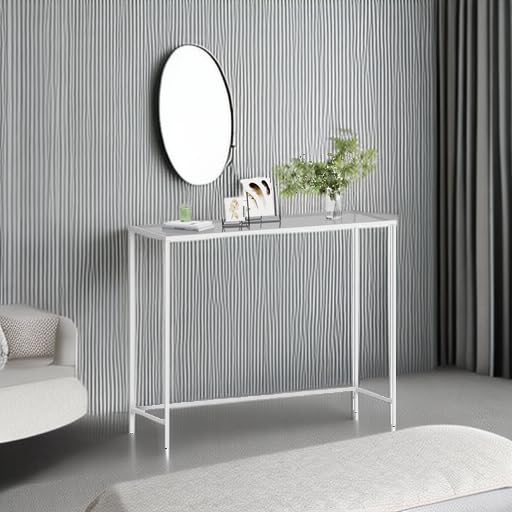VASAGLE Entryway Table, Console Table, Tempered Glass Tabletop, Modern Sofa Table, Easy Assembly, with Adjustable Feet, for Living Room, Entryway, Pearl White and Slate Gray ULGT026W01 VASAGLE