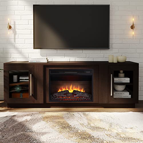 Cheerway 3D Fireplace TV Stand for TVs up to 80’’, Wooden Media Entertainment Center Table & TV Cabinets w/Storage Shelves & Barn Door, Electric Fireplace w/Remote Control Cheerway