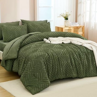 Andency King Size Comforter Set Olive Green - 7 Pieces Bed in a Bag King Boho Olive Green Bedding Comforter Sets, Tufted Bed Set with Comforter, Sheets, Pillowcases & Shams