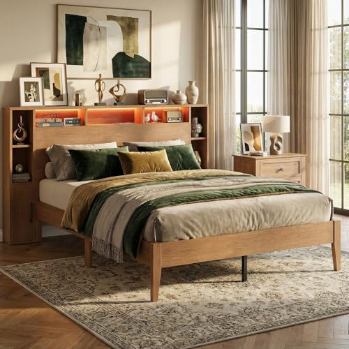 LIKIMIO Queen Bed Frame, Storage Headboard with Charging Station & LED Lights, 7 Open Shelves, 2 Side Cabinets, Storage Platform Bed, Easy Assembly, No Box Spring Needed, Natural Color LIKIMIO