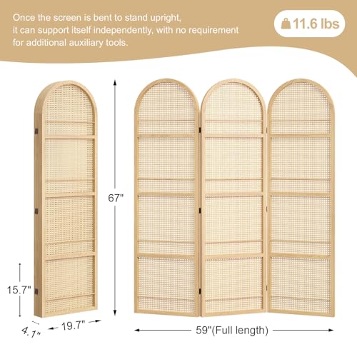 Rattan Room Divider with Bookshelf,Foldable Privacy Screen Partition,Wooden Frame,Natural Portable for Living Room,Bedroom Home,Office Reading Nook (Natural, 3 Panels) Svimi