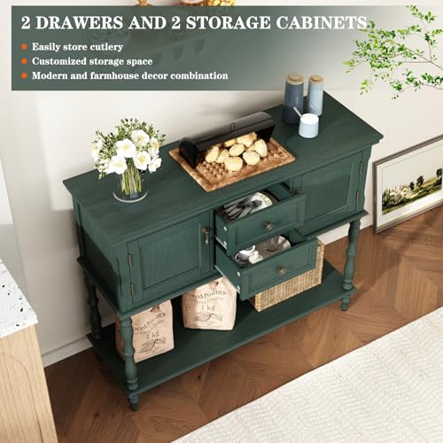 ARTPOWER Console Table with 2 Drawers, Retro Entryway Table with 2 Door Cabinets and Open Storage Shelf, Narrow Long Behind Couch Sofa Table for Living Room, Foyer, Hallway, Green ARTPOWER