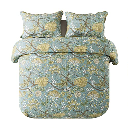 NEWLAKE Cotton Bedspread Quilt Sets-Reversible Patchwork Coverlet Set, Green Floral Pattern, Queen Size NEWLAKE