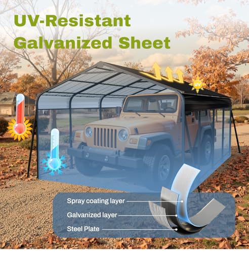 12’x20’x8.7’ Metal Carport, Heavy-Duty Steel Frame Car Shelter with Galvanized Steel Roof, All-Weather Carport Garage with Enhanced Base for Pickup, Boat, Car and Tractors LINKHOO